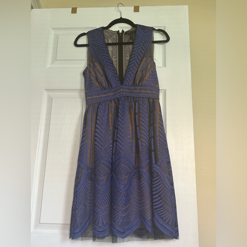 BCBG MAXAZRIA blue and black lace overlay wedding guest dress